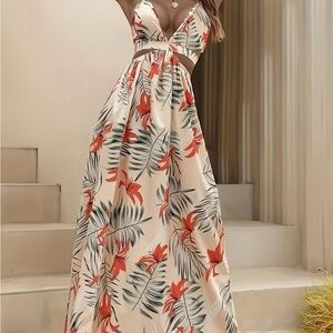 2/$30 Floral Cutout Maxi Dress - Cream with Coral Floral